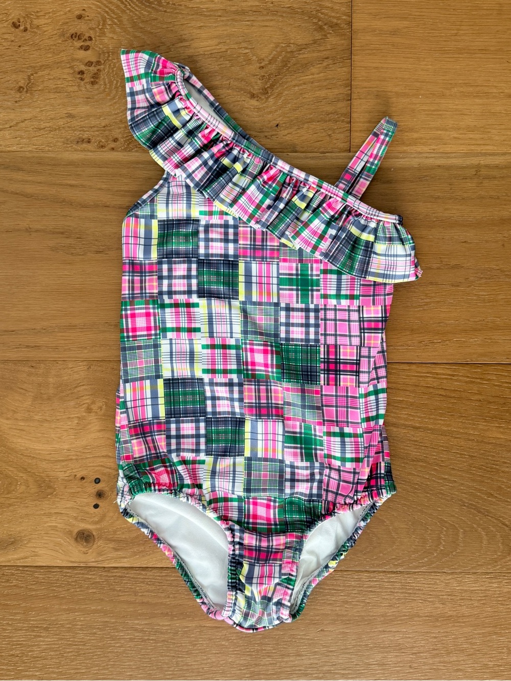 J Bailey Girls Swimsuit Ruffle One Shoulder Pink Green Plaid 6X Preppy Southern